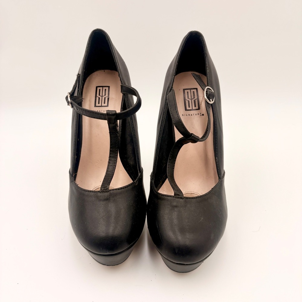 Signature Black T-Strap Platform Pumps Stiletto High Heels Round Toe Size 8